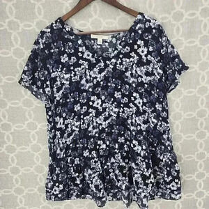 Sejour Rayon V Neck Ruffle Hem Floral Short Sleeve Women's Blouse 14W